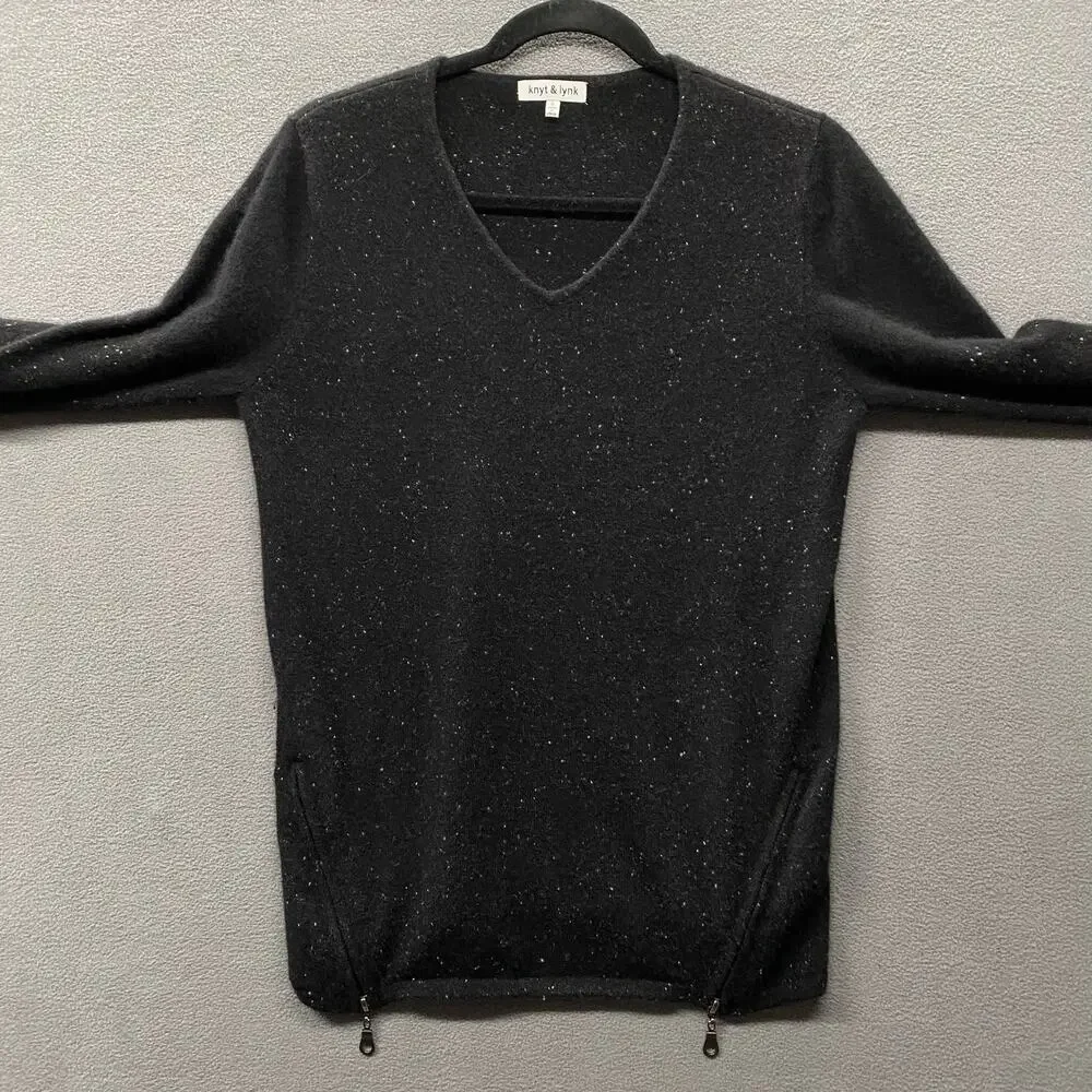 Knyt Lynk Cashmere V Neck Sweater Black Women S Speckled Casual Cozy Long Sleeve